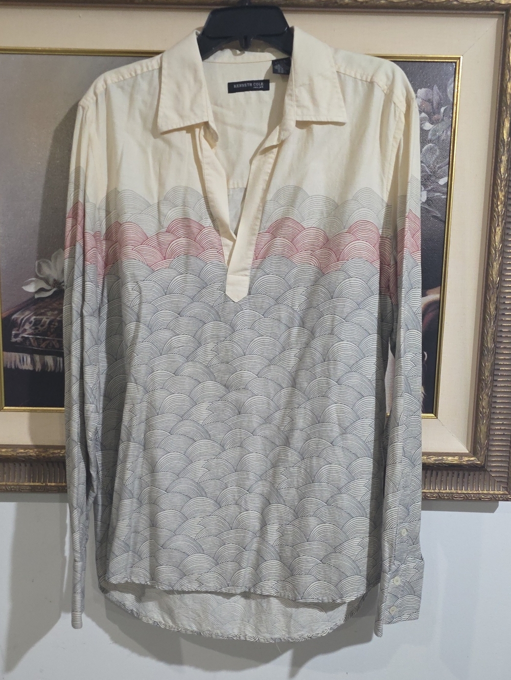 Kenneth Cole Cream Shirt with Gray Wave Pattern and Pink Accents
